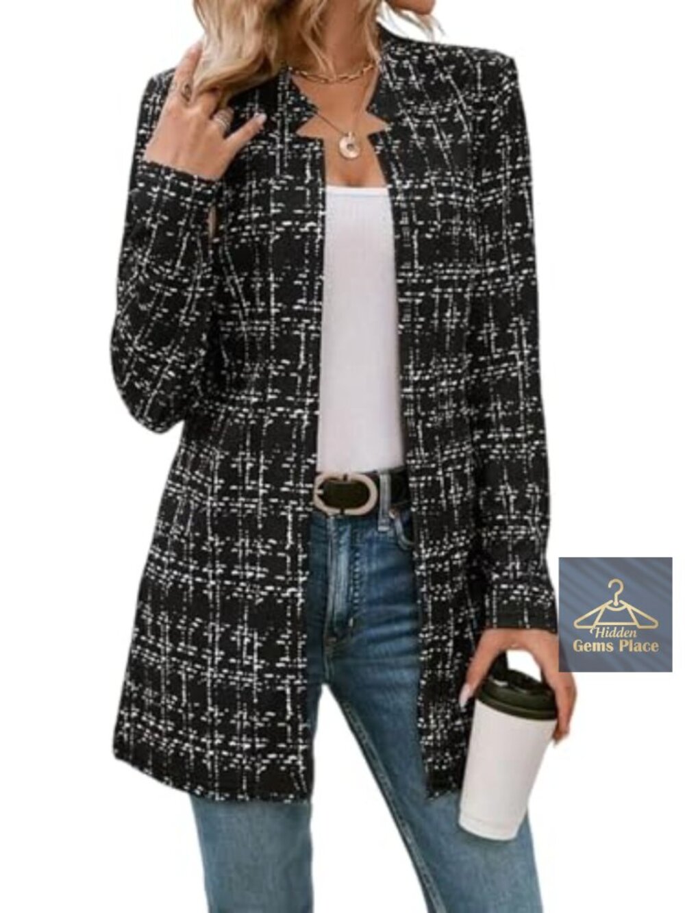 Women's Plaid Tweed Open Front Blazer Long Sleeve Mid Thigh Cardigan Jacket
